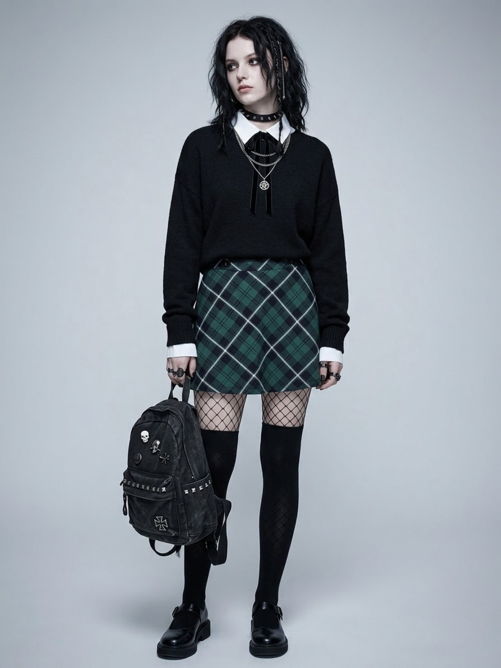 Royal Bones Hot Topic Green Plaid Mini Skirt Small Goth Schoolgirl Punk Zip back